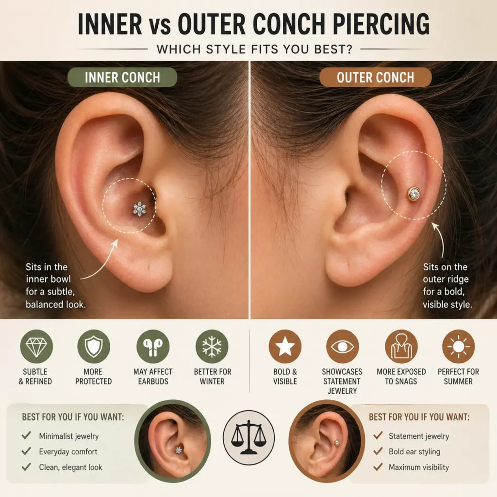 Minimalist side-by-side ear illustration showing inner conch piercing placed inside the ear bowl and outer conch piercing on the outer cartilage ridge, highlighting subtle vs bold jewelry appearance without any text.