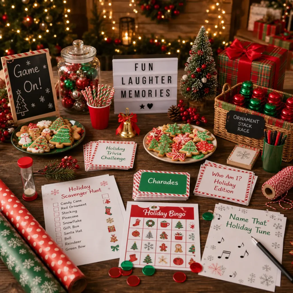 Holiday party ideas setup with festive games, cookies, trivia cards, scavenger hunt sheets, and creative activity stations arranged on a cozy decorated table