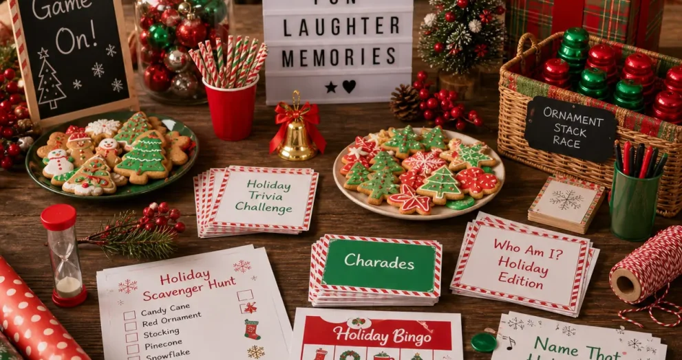 Holiday party ideas setup with festive games, cookies, trivia cards, scavenger hunt sheets, and creative activity stations arranged on a cozy decorated table