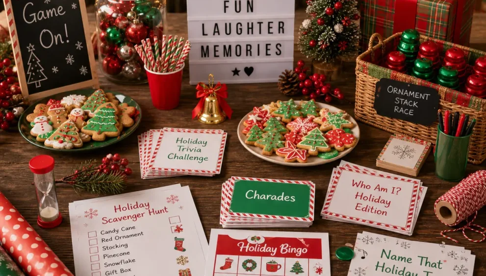 Holiday party ideas setup with festive games, cookies, trivia cards, scavenger hunt sheets, and creative activity stations arranged on a cozy decorated table