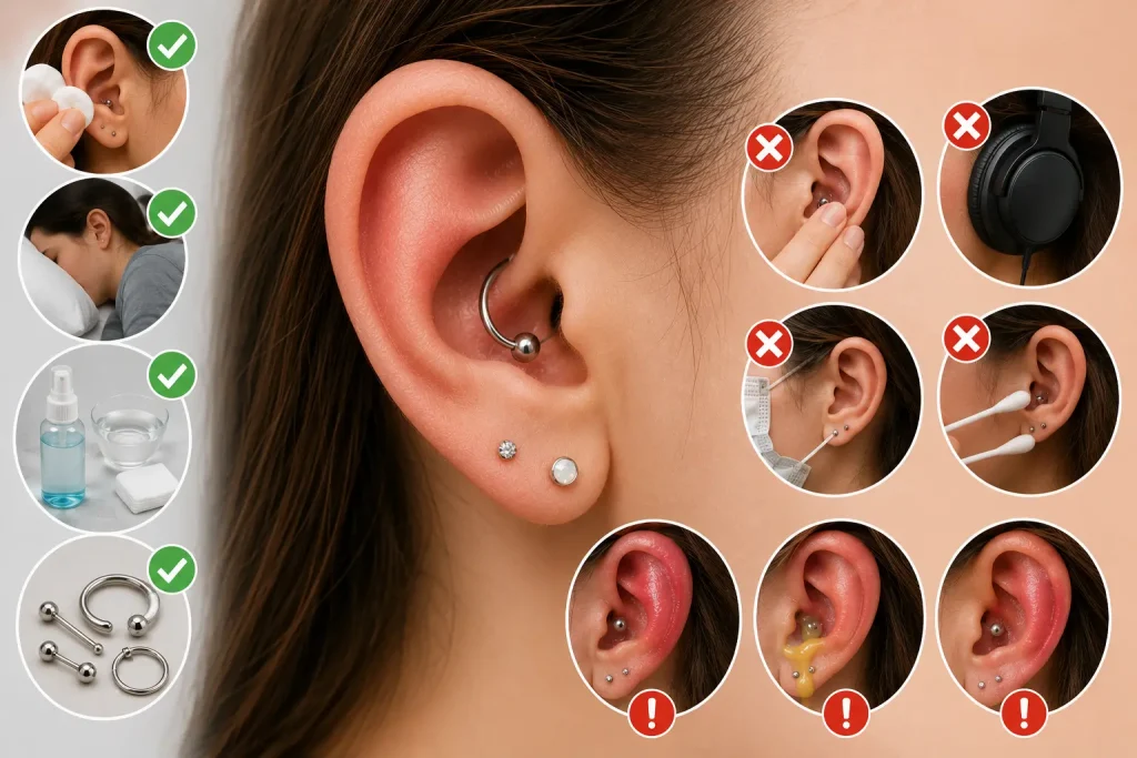 Conch piercing infection signs showing swollen cartilage piercing, redness, irritation, cleaning care, and healing process for safe conch piercing recovery.