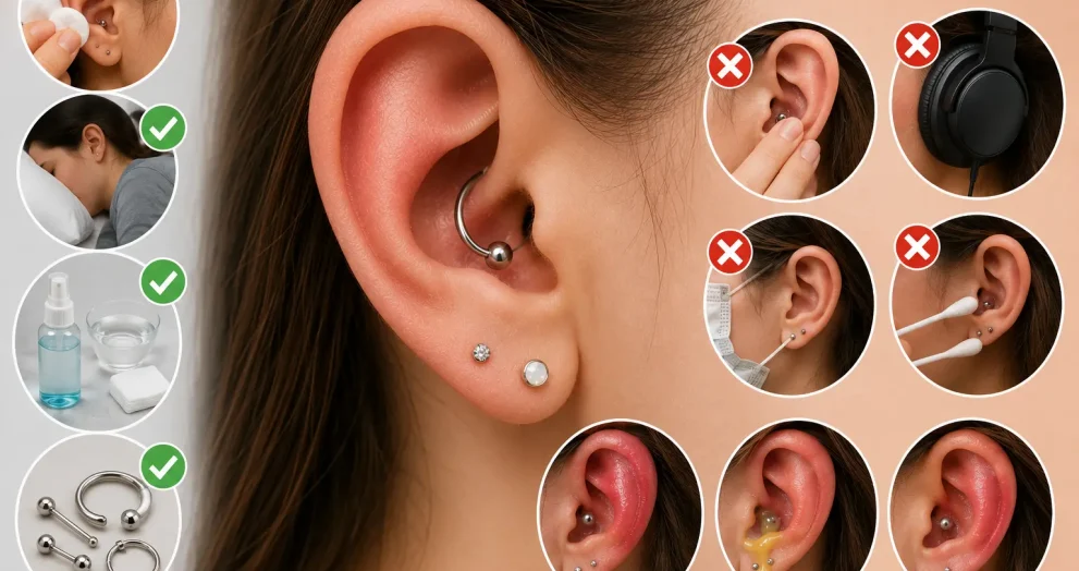 Conch piercing infection signs showing swollen cartilage piercing, redness, irritation, cleaning care, and healing process for safe conch piercing recovery.