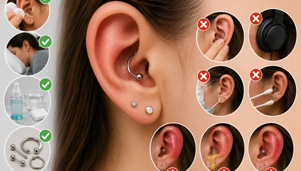 Conch piercing infection signs showing swollen cartilage piercing, redness, irritation, cleaning care, and healing process for safe conch piercing recovery.