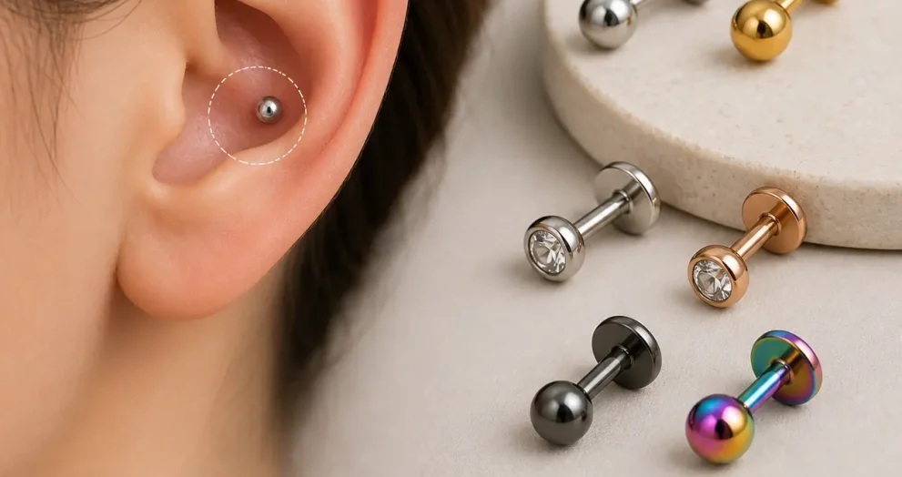 Hypoallergenic Conch Piercing jewelry options including titanium, gold, and platinum for sensitive ears.