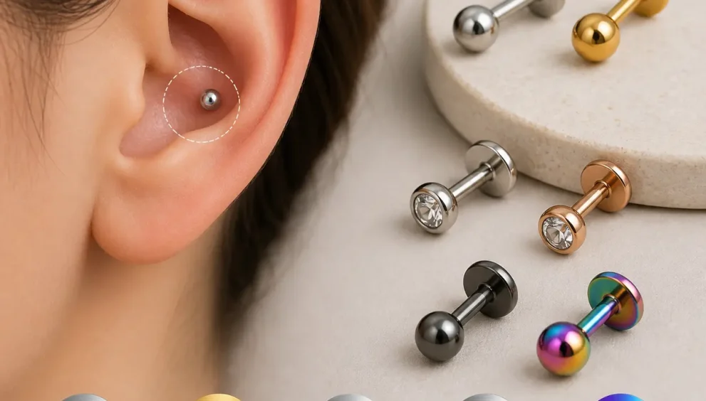 Hypoallergenic Conch Piercing jewelry options including titanium, gold, and platinum for sensitive ears.