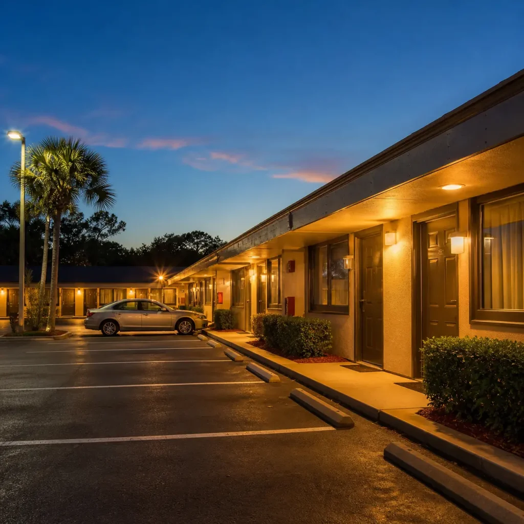 Quiet and secure Motels Cocoa property with peaceful exterior, clean parking, and family-friendly travel setting.