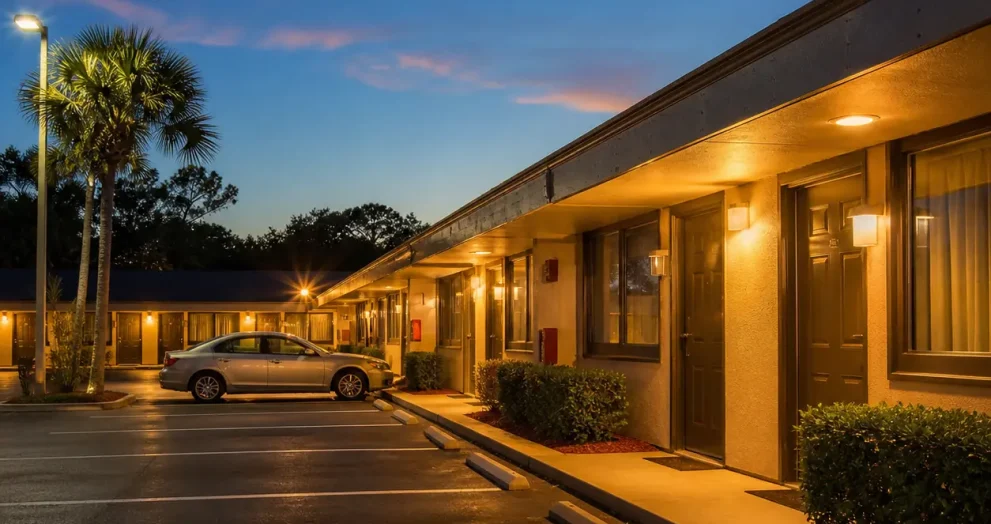 Quiet and secure Motels Cocoa property with peaceful exterior, clean parking, and family-friendly travel setting.