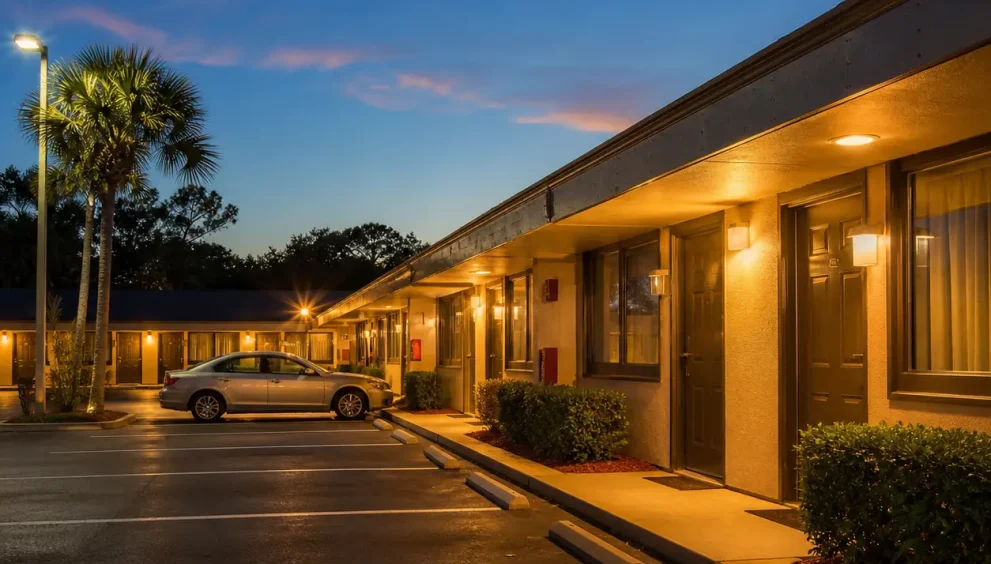 Quiet and secure Motels Cocoa property with peaceful exterior, clean parking, and family-friendly travel setting.