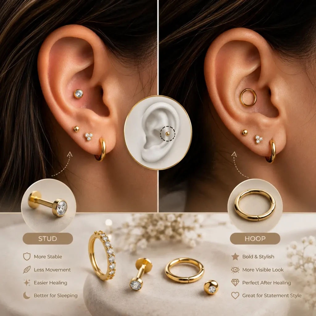 Conch piercing hoop vs stud comparison showing inner ear cartilage with stud and hoop jewelry highlighting comfort, healing, and style differences.