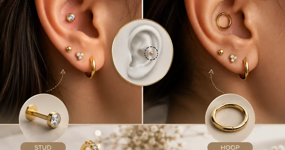 Conch piercing hoop vs stud comparison showing inner ear cartilage with stud and hoop jewelry highlighting comfort, healing, and style differences.