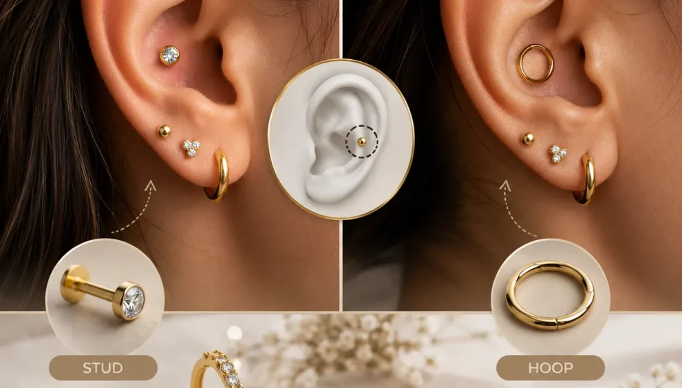 Conch piercing hoop vs stud comparison showing inner ear cartilage with stud and hoop jewelry highlighting comfort, healing, and style differences.