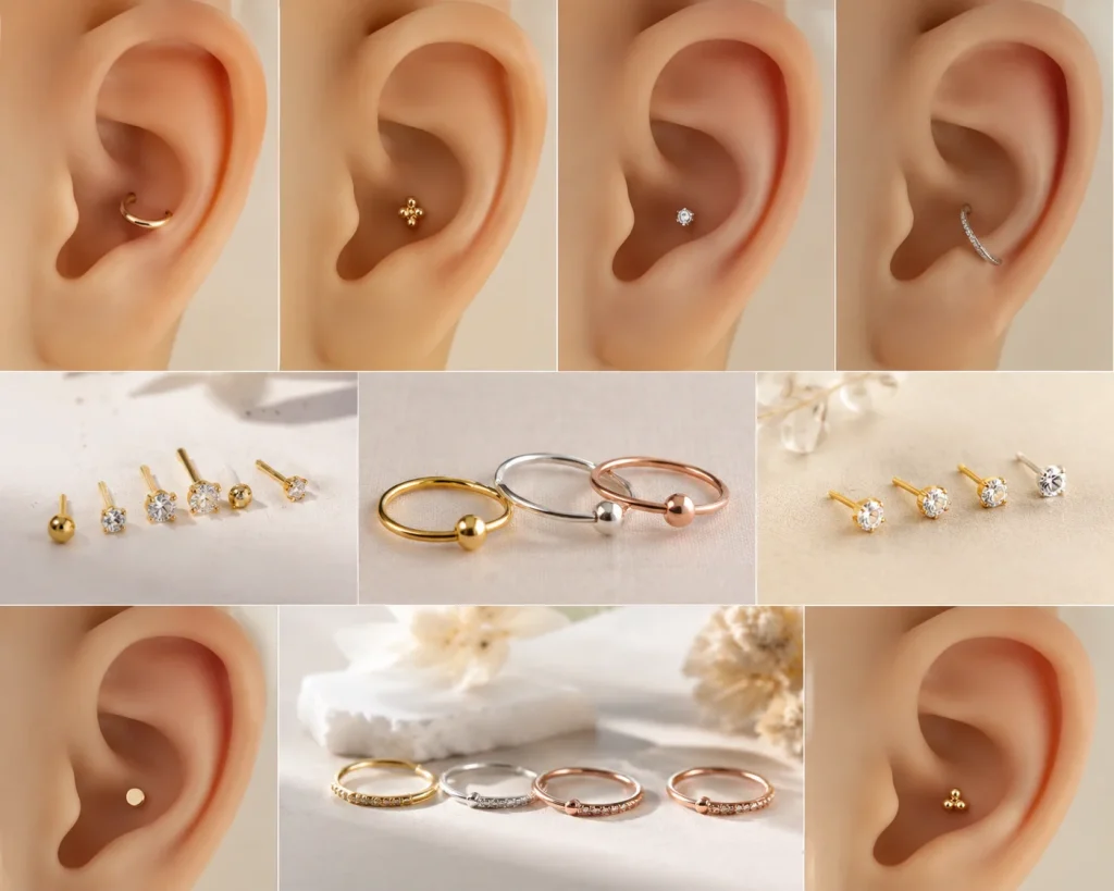 Cute Conch Piercing Ideas for Women Who Love Minimal Style featuring elegant hoop and stud jewelry, minimalist ear aesthetics, delicate metallic designs, and modern conch piercing inspiration for classy everyday fashion.