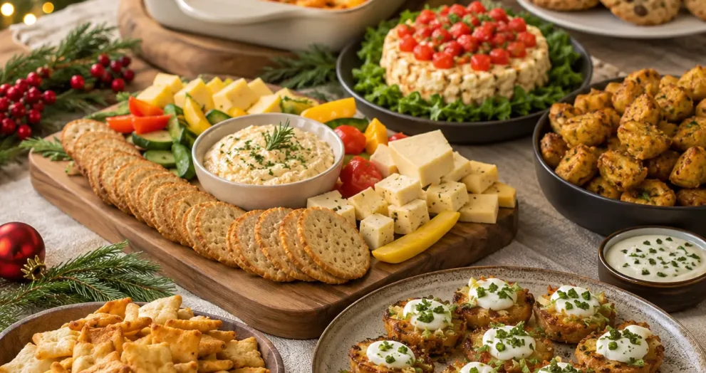 Budget holiday party ideas with affordable festive appetizers, cookies, cheese platters, and comfort foods for family gatherings.