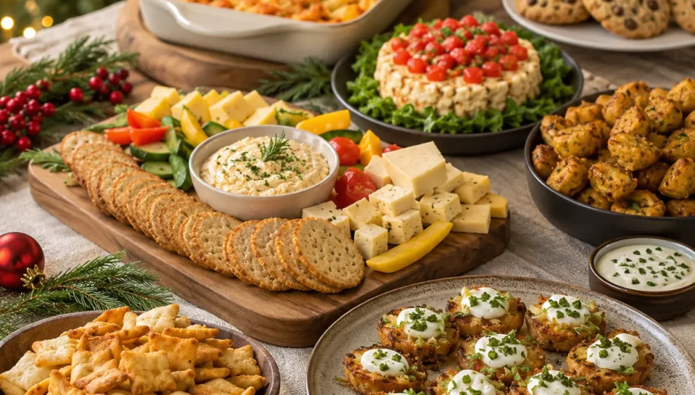 Budget holiday party ideas with affordable festive appetizers, cookies, cheese platters, and comfort foods for family gatherings.