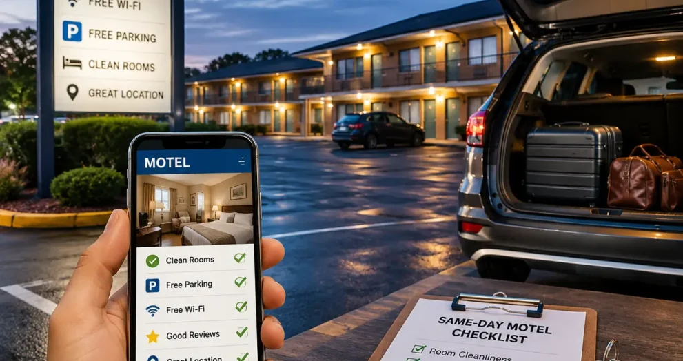 Motel Stay in Cocoa parking and booking scene showing travelers checking motel details before same-day stay with luggage and car at night reception area.