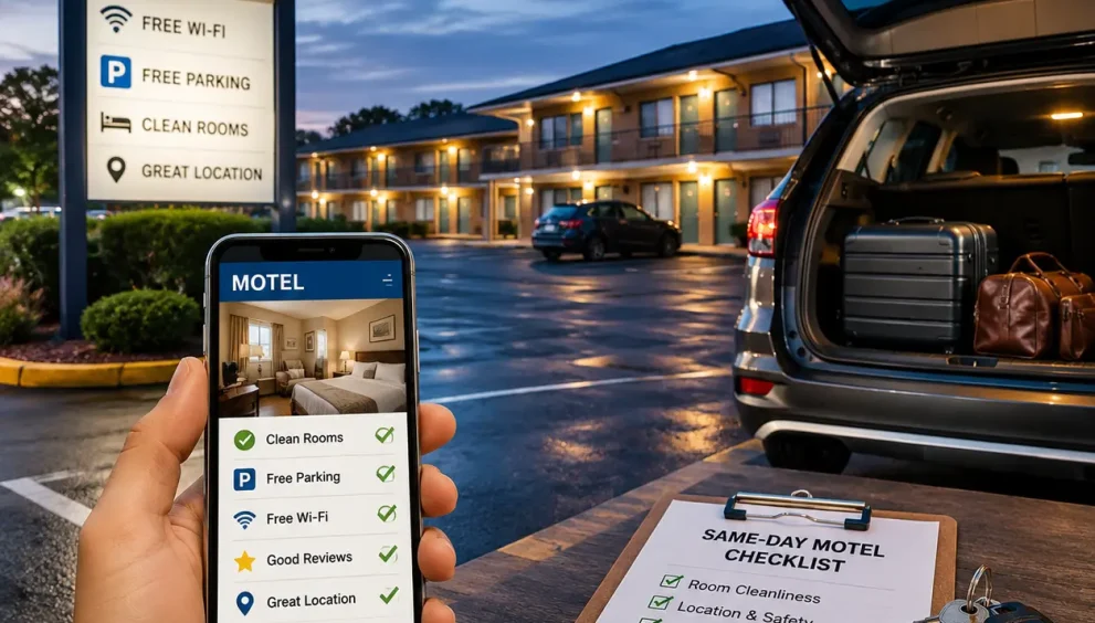 Motel Stay in Cocoa parking and booking scene showing travelers checking motel details before same-day stay with luggage and car at night reception area.