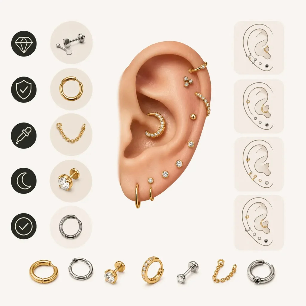 Trending conch piercing ear stack ideas featuring minimalist gold and silver jewelry with curated conch hoops, studs, and cartilage piercings on a clean modern ear styling layout