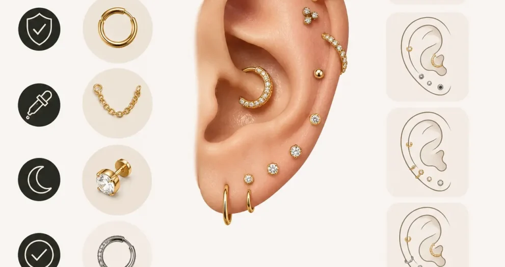 Trending conch piercing ear stack ideas featuring minimalist gold and silver jewelry with curated conch hoops, studs, and cartilage piercings on a clean modern ear styling layout