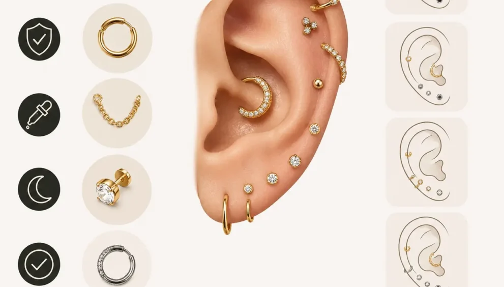 Trending conch piercing ear stack ideas featuring minimalist gold and silver jewelry with curated conch hoops, studs, and cartilage piercings on a clean modern ear styling layout