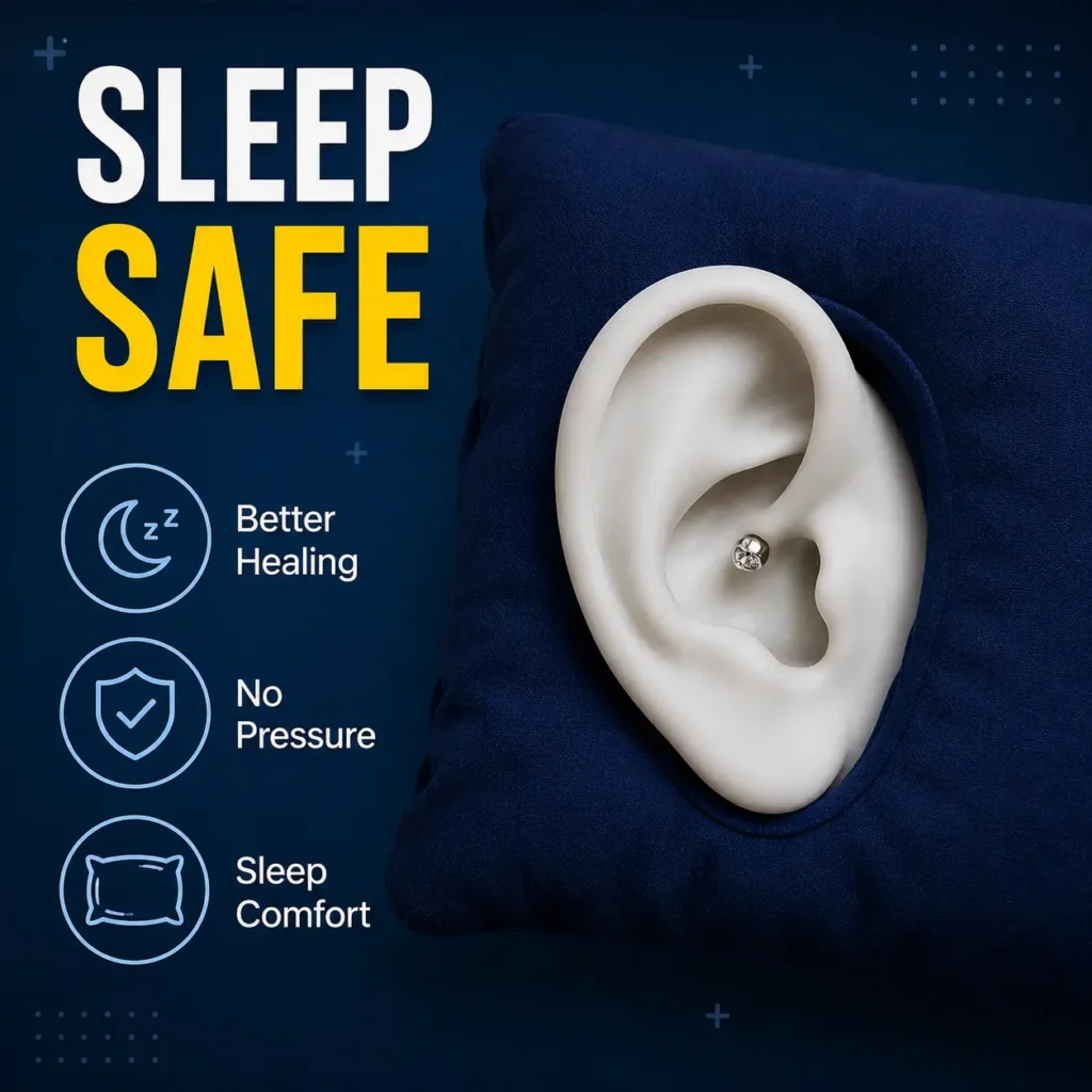 Can you sleep on a conch piercing? Visual guide showing safe sleeping positions and conch piercing healing tips.