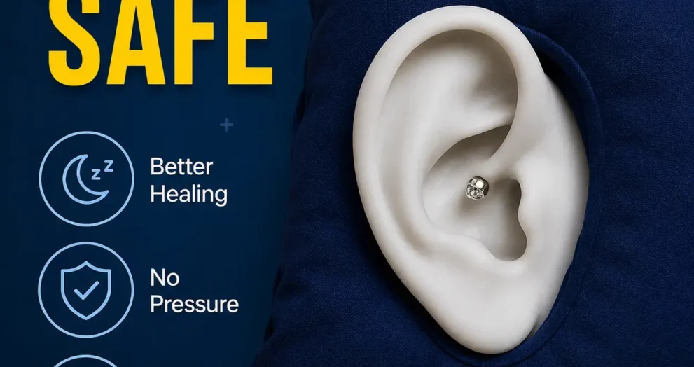 Can you sleep on a conch piercing? Visual guide showing safe sleeping positions and conch piercing healing tips.