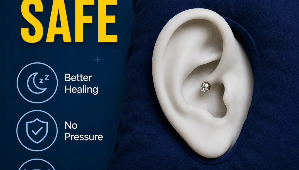 Can you sleep on a conch piercing? Visual guide showing safe sleeping positions and conch piercing healing tips.