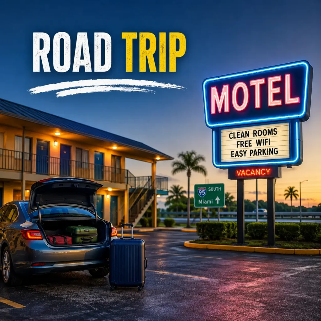 Road trip travelers staying at motels in Cocoa with convenient highway access and comfortable overnight accommodations