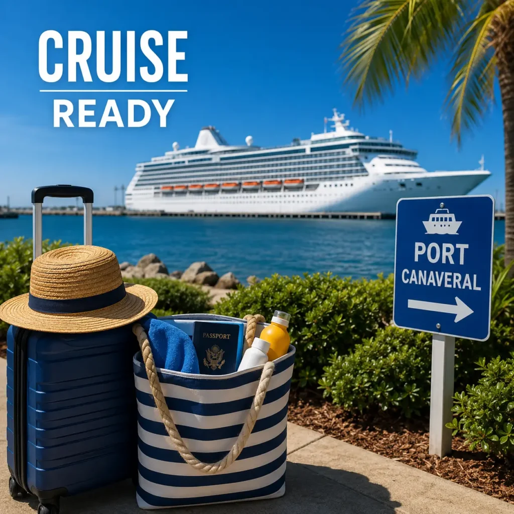 Useful cruise departure stay tips near motels Cocoa, Florida with luggage, travel essentials, Port Canaveral sign, and cruise ship ready for embarkation
