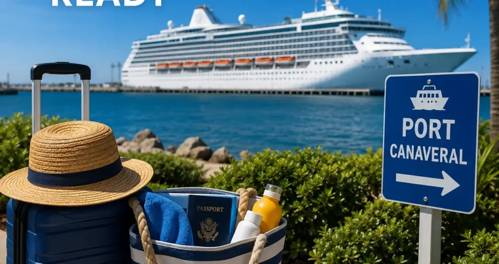 Useful cruise departure stay tips near motels Cocoa, Florida with luggage, travel essentials, Port Canaveral sign, and cruise ship ready for embarkation