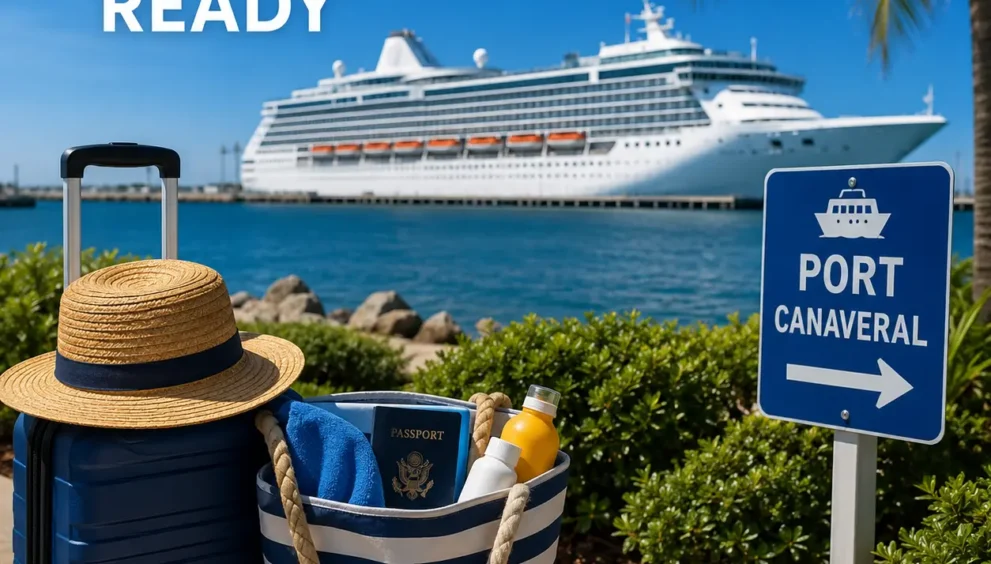 Useful cruise departure stay tips near motels Cocoa, Florida with luggage, travel essentials, Port Canaveral sign, and cruise ship ready for embarkation