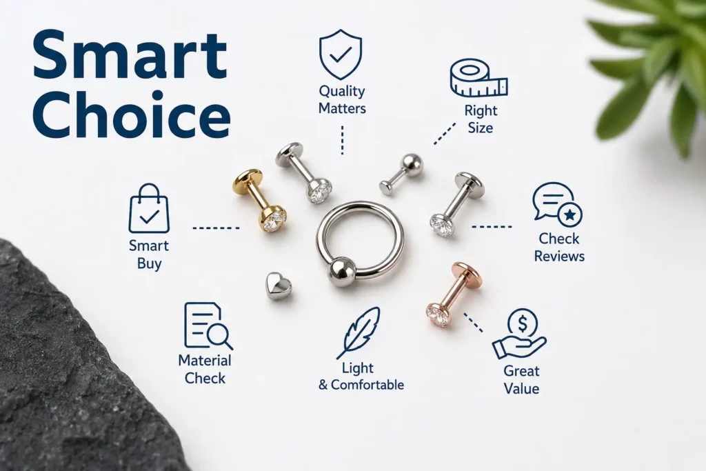 Affordable Conch Piercing Jewelry Guide for Beginners Showing Smart Buying Tips, Quality Materials, Proper Sizing, Comfort, and Budget-Friendly Jewelry Choices