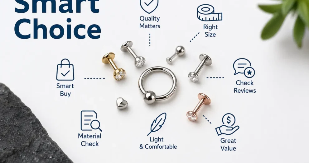 Affordable Conch Piercing Jewelry Guide for Beginners Showing Smart Buying Tips, Quality Materials, Proper Sizing, Comfort, and Budget-Friendly Jewelry Choices