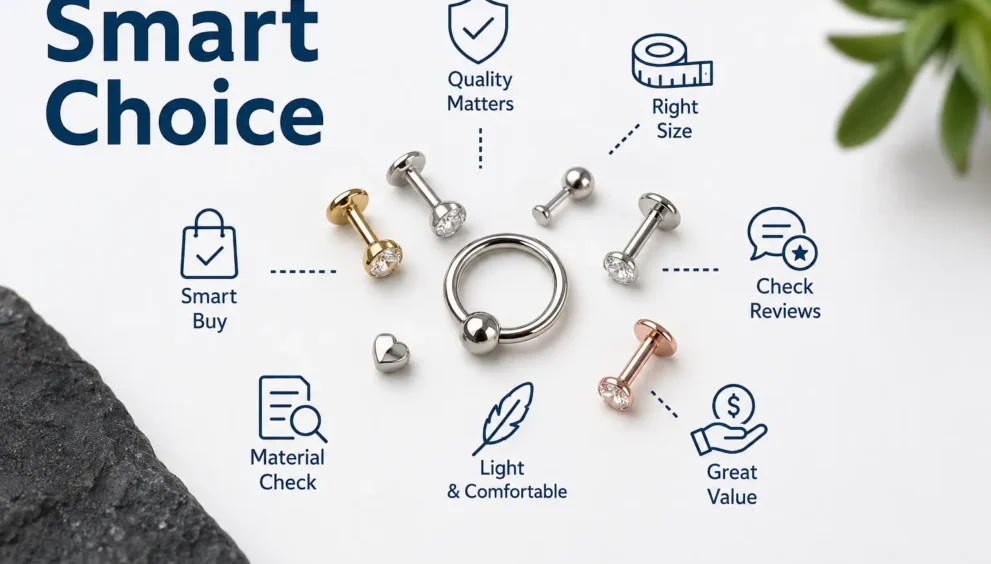 Affordable Conch Piercing Jewelry Guide for Beginners Showing Smart Buying Tips, Quality Materials, Proper Sizing, Comfort, and Budget-Friendly Jewelry Choices
