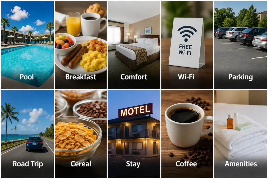 Motels in Cocoa Florida featuring a swimming pool, complimentary breakfast, comfortable rooms, free Wi-Fi, parking, and traveler-friendly amenities.