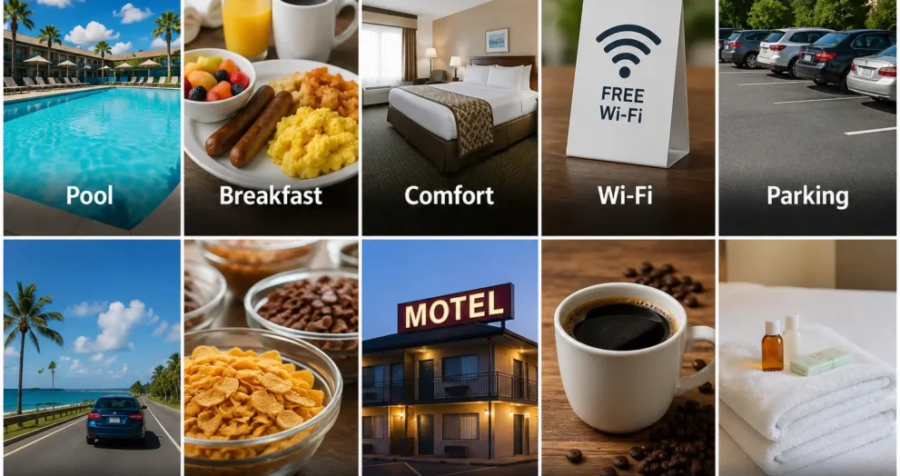 Motels in Cocoa Florida featuring a swimming pool, complimentary breakfast, comfortable rooms, free Wi-Fi, parking, and traveler-friendly amenities.