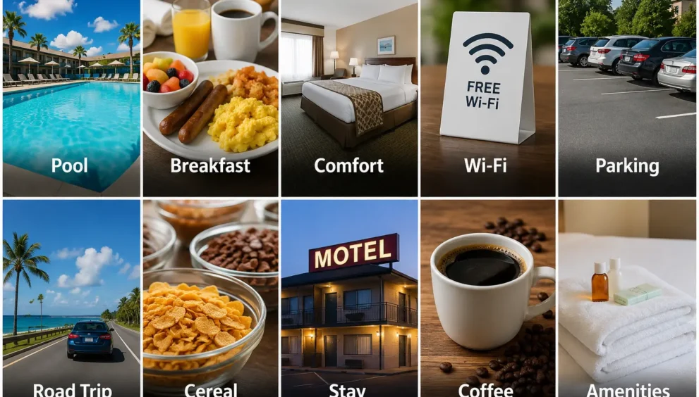 Motels in Cocoa Florida featuring a swimming pool, complimentary breakfast, comfortable rooms, free Wi-Fi, parking, and traveler-friendly amenities.
