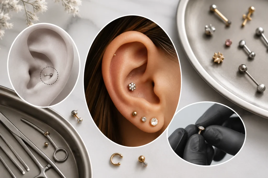 Conch piercing cost in the USA in 2026 with professional ear cartilage jewelry close-up