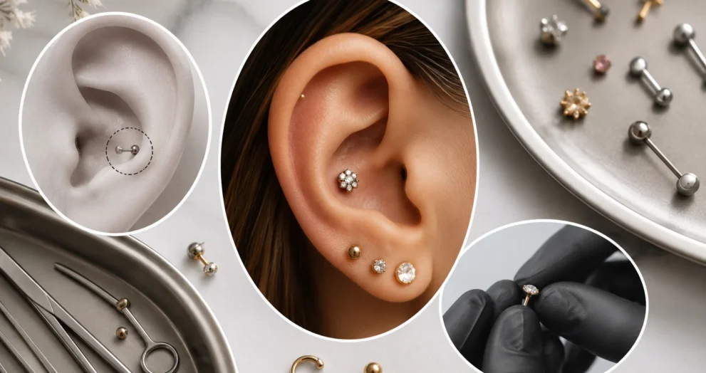 Conch piercing cost in the USA in 2026 with professional ear cartilage jewelry close-up