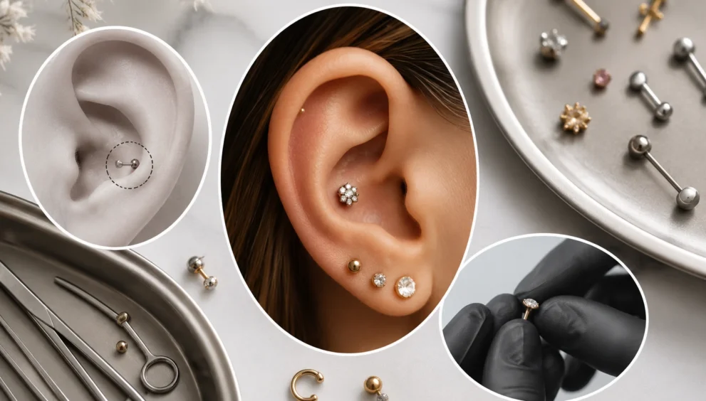 Conch piercing cost in the USA in 2026 with professional ear cartilage jewelry close-up