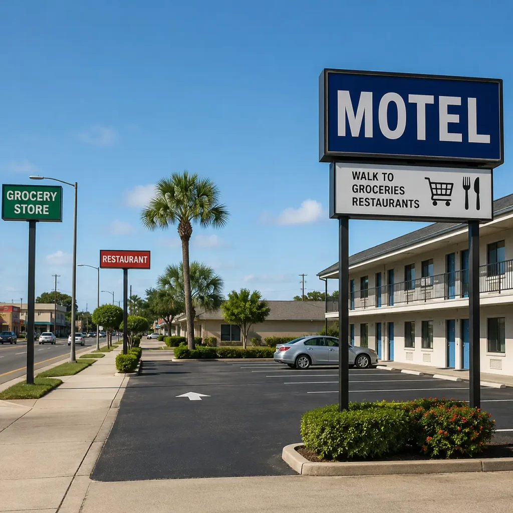Walkable Motels Cocoa Near Grocery Stores and Restaurants with easy access to local dining, grocery stores, pedestrian-friendly sidewalks, and convenient accommodations for travelers in Cocoa, Florida.