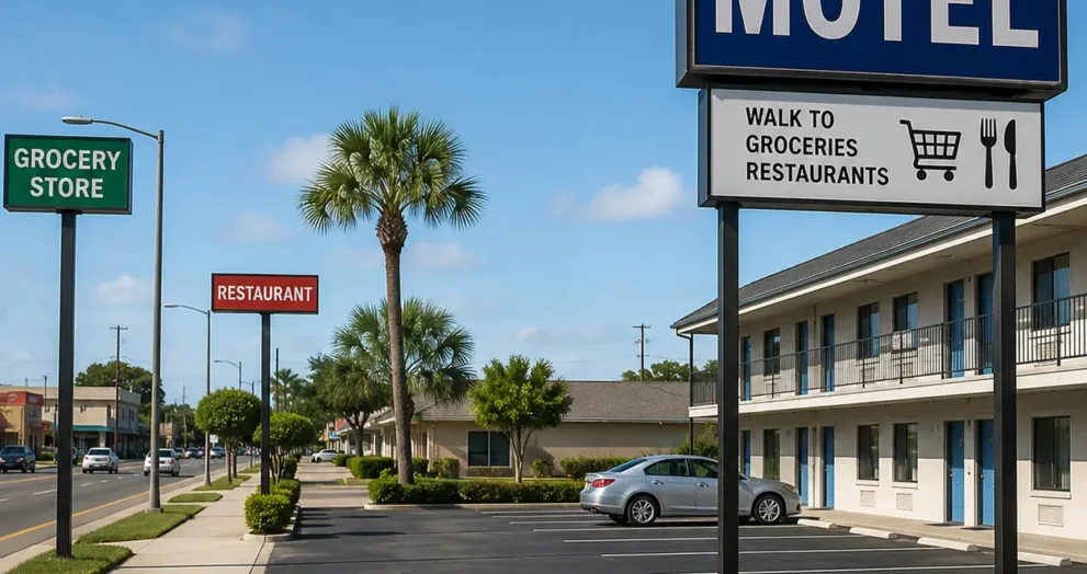 Walkable Motels Cocoa Near Grocery Stores and Restaurants with easy access to local dining, grocery stores, pedestrian-friendly sidewalks, and convenient accommodations for travelers in Cocoa, Florida.