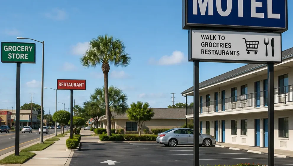 Walkable Motels Cocoa Near Grocery Stores and Restaurants with easy access to local dining, grocery stores, pedestrian-friendly sidewalks, and convenient accommodations for travelers in Cocoa, Florida.