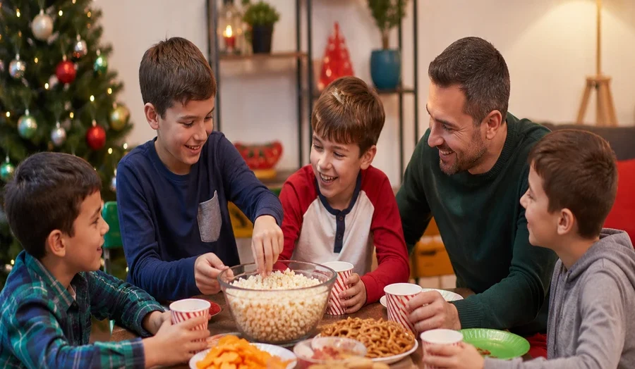 Holiday party ideas for kids and family fun with children enjoying snacks, games, and quality family time in a festive indoor setting.