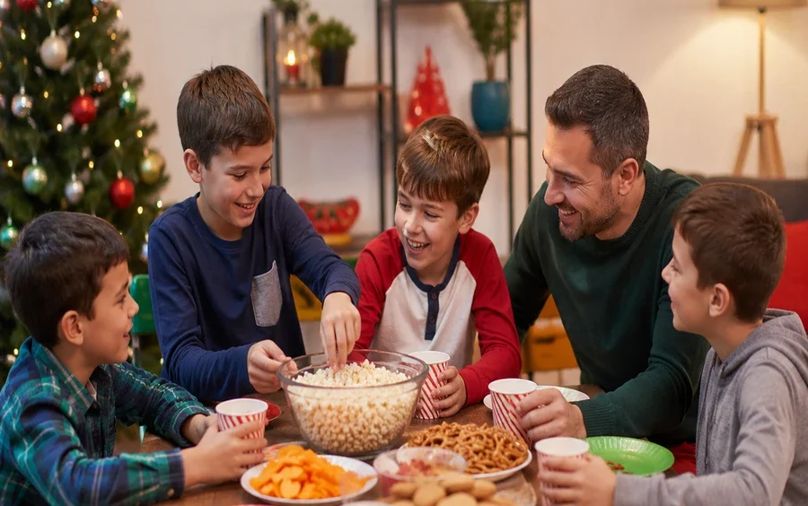 Holiday party ideas for kids and family fun with children enjoying snacks, games, and quality family time in a festive indoor setting.