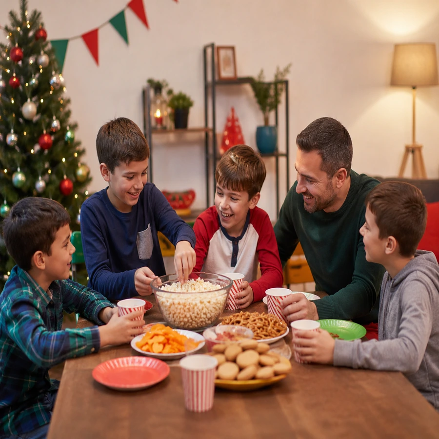 Holiday party ideas for kids and family fun with children enjoying snacks, games, and quality family time in a festive indoor setting.