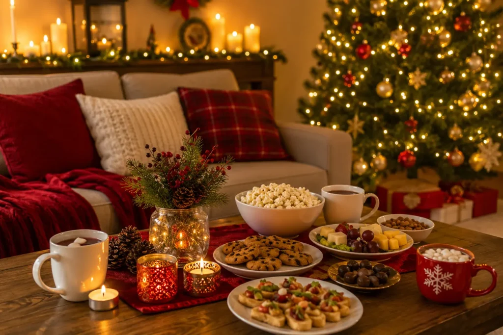 Holiday party ideas for small gatherings at home featuring cozy decorations, festive snacks, warm lighting, fun party games, comfortable seating, and a neighbor-friendly atmosphere for family and friends.