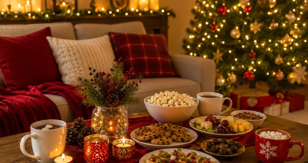 Holiday party ideas for small gatherings at home featuring cozy decorations, festive snacks, warm lighting, fun party games, comfortable seating, and a neighbor-friendly atmosphere for family and friends.