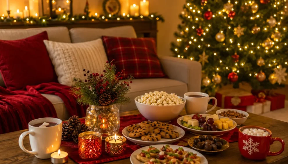 Holiday party ideas for small gatherings at home featuring cozy decorations, festive snacks, warm lighting, fun party games, comfortable seating, and a neighbor-friendly atmosphere for family and friends.