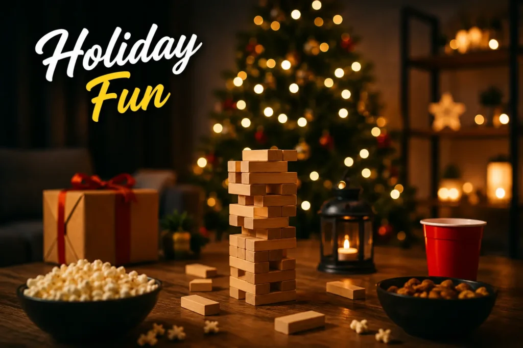 "Holiday Party Ideas for Adults and Friends Night Gatherings with festive game night setup"