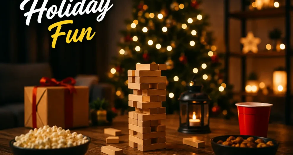 "Holiday Party Ideas for Adults and Friends Night Gatherings with festive game night setup"